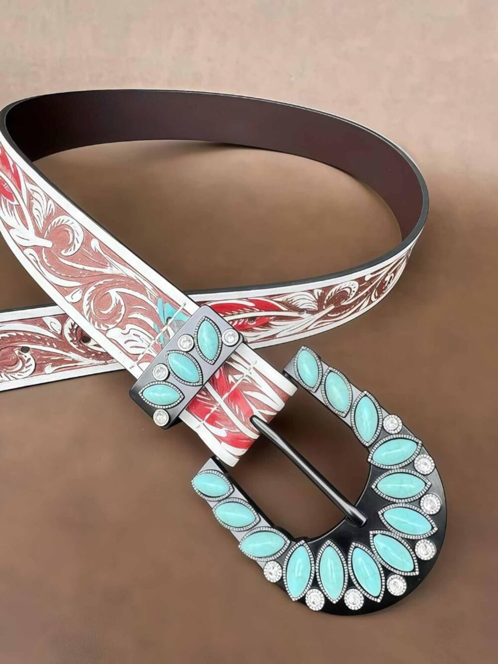 Turquoise Belt for Women, Brown Western Leather Belts for Women, Vintage Country - Picture 5 of 9